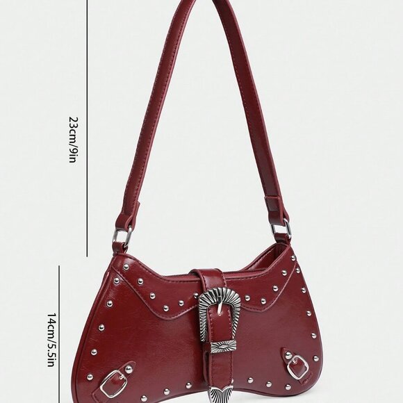 Burgundy Women's Bohemian Western Style Multiple Rivet Decor purse - Picture 6 of 6